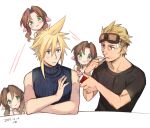  1girl 2boys :3 aerith_gainsborough artist_name bangs bare_shoulders black_shirt blonde_hair blue_eyes blue_shirt blush brown_hair choker cid_highwind cigarette cloud_strife crossed_arms dated facial_hair final_fantasy final_fantasy_vii goggles goggles_on_head green_eyes hair_between_eyes hair_ribbon holding holding_cigarette holding_cigarette_pack krudears long_hair multiple_boys parted_bangs parted_lips pink_ribbon ribbon ribbon_choker shirt short_hair short_sleeves sidelocks sleeveless sleeveless_turtleneck spiked_hair stubble t-shirt toned toned_male turtleneck v-shaped_eyebrows watching wavy_hair white_background 