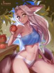  1girl :t animal_ears blue_eyes blue_tank_top borrowed_character closed_mouth food food_bite fruit fruit_bowl heterochromia highres holding holding_food holding_fruit long_hair looking_at_viewer losse_(personal_ami) navel original panties roxxxan sitting smile solo spaghetti_strap strap_slip tail tank_top underwear white_hair white_panties yellow_eyes 