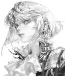  1boy ascot bishounen black_jacket earrings greyscale hair_between_eyes highres jacket jewelry lio_fotia looking_at_viewer male_focus monochrome otoko_no_ko parted_lips portrait promare short_hair sidelocks signature solo upper_body vlfdus_0 white_ascot white_background wide-eyed 