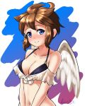  1girl angel angel_wings bikini blue_eyes bottomless bra breasts brown_hair cleavage datensip genderswap genderswap_(mtf) kid_icarus kid_icarus_uprising nintendo pit_(kid_icarus) short_hair smile spiked_hair swimsuit underwear wings 