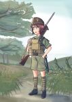  1girl absurdres bayonet black_footwear boots brown_hair canadian_army garrison_cap green_shirt green_shorts gun hat highres lee-enfield load_bearing_equipment military military_uniform original puttee rifle shirt shorts standing uniform warriordesu weapon world_war_ii 