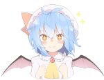  +_+ 1girl antenna_hair ascot bangs bat_wings blue_hair blush bow brooch clenched_hands commentary_request cropped_torso dot_nose fangs flat_chest frilled_shirt_collar frills hair_between_eyes hands_up hat hat_bow jewelry kae_karee light_smile looking_at_viewer mob_cap nose_blush red_bow remilia_scarlet short_hair simple_background skin_fangs solo sparkle star-shaped_pupils star_(symbol) straight-on symbol-shaped_pupils touhou upper_body white_background white_headwear wings yellow_ascot 