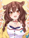  1girl :d absurdres animal_ears bangs blue_bow blush bow braid breasts brown_eyes brown_hair cartoon_bone cleavage collar collarbone dog_ears dress hair_between_eyes hair_over_shoulder highres hololive inugami_korone jacket long_hair looking_at_viewer low_twintails medium_breasts off_shoulder open_clothes open_jacket red_collar sleeveless sleeveless_dress smile solo techi_(siro-white_0803) twin_braids twintails v virtual_youtuber white_dress yellow_jacket 