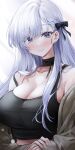  1boy absurdres azur_lane bangs bare_shoulders belfast_(azur_lane) black_choker black_tank_top blue_eyes blush braid breasts casual choker cleavage earrings french_braid highres jewelry large_breasts long_hair ribbed_sweater smile solo strap_slip sweater tank_top upper_body white_background white_hair yuki_(asayuki101) 