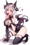  1girl absurdres animal_ears bangs bare_shoulders black_footwear black_gloves black_leotard blush boots breasts cleavage collarbone curren_chan_(umamusume) demon_girl demon_horns demon_tail demon_wings elbow_gloves full_body gloves grey_hair hair_between_eyes hand_up heart heart-shaped_pupils highres horns horse_ears large_breasts leotard looking_at_viewer misoni_(mi_so_ni_t) mouth_hold purple_eyes purple_wings shadow signature simple_background single_glove single_thigh_boot solo symbol-shaped_pupils tail thigh_boots torn_footwear umamusume white_background wings 