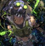  1boy abs absurdres apex_legends arm_strap arm_tattoo black_headwear black_shirt blurry blurry_background cable cropped_vest english_commentary glowing goggles green_vest grey_shorts head_tilt highres kawaniwa liquid looking_at_viewer male_focus mask mole mole_on_neck mouth_mask navel octane_(apex_legends) portrait realistic shirt shorts solo tattoo vest vial weapon weapon_on_back 