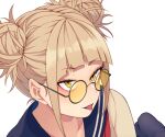  1girl bangs bespectacled black_socks blonde_hair blue_sailor_collar blunt_bangs boku_no_hero_academia cardigan close-up collarbone double_bun glasses grey-framed_eyewear hair_behind_eyewear hair_bun kobaji looking_to_the_side messy_hair neckerchief red_neckerchief sailor_collar school_uniform serafuku simple_background socks solo tinted_eyewear toga_himiko tongue tongue_out tsurime upper_body white_background yellow-tinted_eyewear yellow_cardigan yellow_eyes 