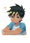  18arumik_4 1boy ? black_hair blue_shirt dark-skinned_male dark_skin grey_eyes hand_on_own_arm highres light_smile male_child original shirt short_hair short_sleeves simple_background solo spiked_hair t-shirt two-tone_shirt 