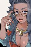  1girl adjusting_eyewear articuno breasts cleavage dark-skinned_female dark_skin eyelashes eyeshadow fingernails fringe_trim grey_hair hair_intakes hand_up jewelry large_breasts long_hair makeup messy_hair necklace open_mouth pahhunn pink_eyeshadow pink_lips pokemon pokemon_(game) pokemon_sv purple_eyes raifort_(pokemon) semi-rimless_eyewear solo under-rim_eyewear yellow-framed_eyewear 