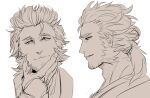  1boy asure_(asure_twi) beard bleach bleach:_the_thousand-year_blood_war facial_hair hand_on_own_chin highres japanese_clothes long_sideburns male_focus mature_male messy_hair obana_danjirou ponytail sideburns sketch smile 