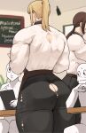  2boys 2girls absurdres apron ass blonde_hair brown_hair closed_mouth highres holding looking_at_another low_ponytail multiple_boys multiple_girls musctonk muscular muscular_female original pants ponytail shirt smile sweat sweating_profusely table tall_female torn_clothes torn_pants torn_shirt waitress wardrobe_malfunction white_shirt 
