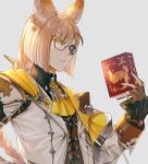  1boy animal_ears ascot asymmetrical_bangs bangs black_shirt blonde_hair blunt_bangs book braid braided_ponytail brown_gloves brown_vest closed_mouth collared_shirt fingerless_gloves frown gloves granblue_fantasy grey_background highres holding holding_book jacket kuruto. long_hair long_sleeves looking_at_viewer low_ponytail lu_woh_(granblue_fantasy) male_focus monocle semi-rimless_eyewear shirt simple_background solo upper_body vest white_jacket yellow_ascot yellow_eyes 
