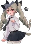  1girl :3 anchovy_(girls_und_panzer) animal_ears anzio_school_uniform bangs belt black_belt black_necktie black_ribbon black_skirt brown_eyes cat_ears cat_tail commentary cowboy_shot dress_shirt drill_hair girls_und_panzer green_hair hair_ribbon highres kemonomimi_mode long_hair long_sleeves looking_at_viewer loose_necktie miniskirt necktie open_mouth pantyhose paw_pose paw_print pleated_skirt ri_(qrcode) ribbon school_uniform shirt simple_background skirt smile solo standing tail twin_drills twintails white_pantyhose white_shirt wing_collar 