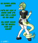  anthro blue_eyes blush choker clothed clothing crossgender dialogue dinosaur english_text gesture goodbye_volcano_high green_body green_hair hair hi_res jewelry looking_at_viewer looking_back maid_headdress maid_uniform male necklace ornithischian rear_view reptile scalie seven_(artist) snoot_game_(fan_game) solo spiked_tail spikes spikes_(anatomy) stegosaurian stegosaurus stella_(gvh) tail_wraps text thyreophoran uniform v_sign video_games wraps 