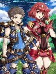  1boy 1girl bangs black_gloves breasts chest_jewel earrings fgsketch fingerless_gloves gloves highres jewelry large_breasts pyra_(xenoblade) red_eyes red_hair red_shorts rex_(xenoblade) short_hair short_shorts shorts swept_bangs thighhighs tiara xenoblade_chronicles_(series) xenoblade_chronicles_2 