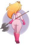  1girl absurdres ass back blonde_hair boots crown from_behind gloves halberd highres holding holding_polearm holding_weapon jumpsuit mario_(series) mini_crown official_alternate_costume pantylines pink_footwear pink_gloves polearm ponytail princess_peach solo the_other_half the_super_mario_bros._movie thigh_gap weapon white_jumpsuit 