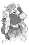  1girl abs absurdres backpack bag bedroll breasts crop_top earrings gloves greyscale highres jewelry joseph_virtuoso large_breasts long_hair looking_at_viewer monochrome muscular muscular_female open_mouth original pointy_ears smile solo spiked_hair turtleneck waving 