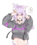  1girl animal_ear_fluff animal_ears arm_up black_choker black_hoodie breasts cat_ears cat_girl cat_tail choker collarbone crop_top drawstring hand_up hololive hood hood_down hoodie lightning_bolt_symbol long_sleeves looking_at_viewer medium_breasts midriff navel nekomata_okayu open_mouth puffy_long_sleeves puffy_sleeves simple_background solo spoken_lightning_bolt tail techi_(siro-white_0803) virtual_youtuber white_background 