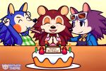 2020 animal_crossing anthro apron apron_only birthday_cake blue_body blue_clothing blue_jacket blue_topwear brown_body cake candle clothing dessert english_text eulipotyphlan eyes_closed eyewear eyewear_on_head food group guywiththepie hands_together hedgehog jacket kerchief labelle_able looking_at_another mammal mostly_nude neckerchief nintendo party_horn purple_body purple_clothing purple_shirt purple_topwear sable_able shirt sibling simple_background sister sisters smile sunglasses sunglasses_on_head tan_background text topwear video_games yellow_kerchief yellow_neckerchief 