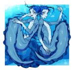  2boys air_bubble androgynous artist_name back-to-back blue_background blue_hair blue_skin blue_theme border brown_eyes bubble colored_skin completely_nude eel_boy eyelashes fingernails fins floyd_leech full_body gills hands_up head_fins heterochromia highres jade_leech long_fingernails looking_at_viewer male_focus merman monster_boy multicolored_hair multiple_boys navel nude oimo_842 open_mouth outside_border sharp_teeth short_hair solo streaked_hair teeth twisted_wonderland twitter_username underwater white_border yellow_eyes 