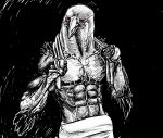 abs alien anthro avian chozo looking_at_viewer male metroid molagboop monochrome muscular muscular_male nintendo raven_beak red_eyes solo towel video_games 