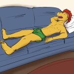  agumon anthro anthrofied bandai_namco boxers_(clothing) boxers_only clothed clothing digimon digimon_(species) digimorph furniture fuze hi_res lying male nipples on_back on_sofa open_mouth sleeping sofa solo topless underwear underwear_only 