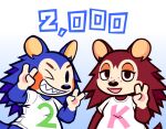  2020 animal_crossing anthro blue_body bottomless brown_body clothed clothing duo eulipotyphlan female gesture gradient_background guywiththepie hedgehog labelle_able looking_at_viewer mammal nintendo one_eye_closed sable_able sharp_teeth shirt sibling simple_background sister sisters smile t-shirt_only teeth text text_on_clothing text_on_shirt text_on_topwear topwear v_sign video_games white_clothing white_shirt white_topwear wink 