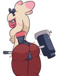  absurd_res anthro blush clothed clothing digital_media_(artwork) diicks female generation_9_pokemon hair hammer hi_res nintendo open_mouth pink_body pokemon pokemon_(species) simple_background smile solo thick_thighs tinkaton tools video_games 