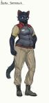  2020 anthro black_body black_fur boots bottomwear cettus clothing domestic_cat english_text felid feline felis female footwear fur hand_on_hip hi_res mammal pants sarka_svobodova science_fiction shirt simple_background slightly_chubby solo standing text topwear white_background 