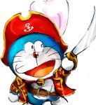  2018 anthro bell blue_body blue_fur clothed clothing collar domestic_cat doraemon doraemon_(character) felid feline felis front_view fur holding_object holding_sword holding_weapon machine male mammal melee_weapon mt_tg open_mouth pirate pirate_costume pirate_hat pouch_(anatomy) raised_arm red_collar red_nose robot shaded simple_background solo standing sword tongue weapon whiskers white_background white_body white_fur 
