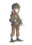  1girl absurdres bayonet beret black_footwear boots british british_army brown_hair camouflage camouflage_jacket gaiters hat helmet highres jacket load_bearing_equipment military military_helmet military_uniform original paratrooper ponytail standing sten_gun uniform warriordesu world_war_ii 