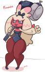  absurd_res anthro blush breasts clothed clothing digital_media_(artwork) diicks female generation_9_pokemon hair hammer hi_res nintendo open_mouth pink_body pokemon pokemon_(species) simple_background smile solo text thick_thighs thighs tinkaton tools video_games 