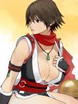  1girl alternate_hair_length alternate_hairstyle arm_guards armlet bangs bare_shoulders breasts brown_eyes brown_hair cleavage hand_on_own_chest highres jewelry kof:_maximum_impact large_breasts necklace ninja oni_gini pelvic_curtain red_scarf revealing_clothes scarf shiranui_mai short_hair sitting the_king_of_fighters thighs 