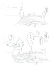  1girl 2girls animal_ears bowl cup dog_ears greyscale highres hololive hood hood_down hooded_jacket indoors inugami_korone jacket kotatsu long_hair monochrome multiple_girls nekomata_okayu pleated_skirt skirt snowing surprised table tail tail_grab techi_(siro-white_0803) translation_request under_kotatsu under_table virtual_youtuber window yunomi 