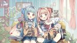  2girls bag bangs bed blue_hair blue_ribbon bunk_bed cellphone commentary commission computer controller couch curtains game_controller hair_ribbon highres holding holding_controller holding_game_controller indoors kotonoha_akane kotonoha_aoi long_hair long_sleeves multiple_girls open_mouth oyasumi_makura phone pink_hair plant playing_games red_eyes red_ribbon ribbon school_bag school_uniform seyanaa shirt siblings sisters sitting skeb_commission skirt smartphone socks star_(symbol) stuffed_toy sweater voiceroid white_shirt window 