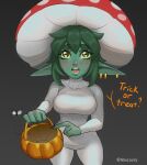  1girl breasts brown_eyes bug colored_sclera colored_skin earrings female_goblin fly goblin green_hair green_sclera green_skin grey_background halloween_bucket highres jewelry long_pointy_ears looking_at_viewer medium_breasts mushroom_costume open_mouth original pointing pointy_ears roxxxan simple_background solo standing thick_eyebrows trick_or_treat 