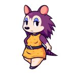  2020 animal_crossing anthro belt clothing dress eulipotyphlan eyeshadow female frown full-length_portrait guywiththepie hedgehog labelle_able lidded_eyes looking_at_viewer makeup mammal nintendo portrait purple_body simple_background solo video_games white_background yellow_clothing yellow_dress 