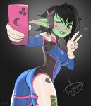  1girl ass black_background black_hair blue_bodysuit bodysuit breasts cellphone colored_skin cosplay d.va_(overwatch) d.va_(overwatch)_(cosplay) ear_piercing earrings female_goblin from_behind goblin green_eyes green_skin grin headphones headset heart highres holding holding_phone jewelry long_pointy_ears looking_back medium_breasts one_eye_closed original overwatch phone piercing pointy_ears roxxxan selfie smartphone smartphone_case smile solo standing tusks v 