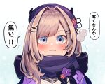  1girl :3 bangs beret blush bow brown_hair closed_mouth fake_horns hair_ornament hat hatyuuruinohito highres horned_headwear horns jacket looking_at_viewer nijisanji purple_headwear purple_jacket scarf solo speech_bubble suzuhara_lulu translation_request upper_body virtual_youtuber x_hair_ornament 