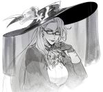  1girl alternate_costume ascot baebabaego bangs black-framed_eyewear black_headwear black_lips collar commentary_request earrings final_fantasy final_fantasy_xiv fingernails flower from_side genderswap genderswap_(mtf) glasses gloves greyscale hand_up hat hat_flower hesperos jewelry korean_commentary long_hair long_sleeves looking_back looking_to_the_side mature_female monochrome pointy_ears ring semi-rimless_eyewear sharp_fingernails sideways_glance simple_background smile solo spot_color straight_hair swept_bangs under-rim_eyewear upper_body veil white_background yellow_eyes 