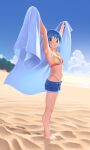  1girl absurdres armpits arms_up barefoot beach beach_towel bikini blue_eyes blue_hair blue_sky breasts cloud denim denim_shorts english_commentary footprints from_side front-tie_bikini_top front-tie_top gloamy grin groin highres looking_at_viewer magia_record:_mahou_shoujo_madoka_magica_gaiden mahou_shoujo_madoka_magica medium_breasts miki_sayaka miki_sayaka_(swimsuit_costume) multicolored_bikini multicolored_clothes outdoors red_bikini sand short_hair shorts sidelighting sky smile solo standing striped striped_bikini swimsuit thighs towel yellow_bikini 
