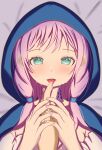  1girl 1other absurdres aqua_eyes arknights blue_jacket blue_poison_(arknights) eyelashes highres holding_hands hood hooded_jacket jacket licking_another&#039;s_finger looking_at_viewer momomomoko24 pink_hair pink_nails saliva solo_focus tongue tongue_out twintails 