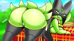 anthro blazedscarf breasts butt clothing english_text female genitals green_body hi_res legwear looking_at_viewer meowscarada nintendo pokemon pokemon_(species) purple_eyes pussy solo text thick_thighs video_games 