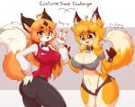  2_tails absurd_res ahoge anthro big_breasts blush bottomwear bow_tie breasts canid canine cleavage clothed clothing duo female fox fur hair half-closed_eyes hand_on_hip hi_res inner_ear_fluff jasminthemanticore looking_at_viewer mammal multi_tail multicolored_body narrowed_eyes open_mouth orange_body orange_fur pants shirt shorts smile standing topwear tuft unzipped unzipped_pants vest white_body yellow_body yellow_fur 
