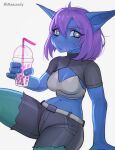  1girl animal_ears belt blue_skin bob_cut breasts bubble_tea cleavage closed_mouth colored_skin cup disposable_cup drinking_straw fewer_digits fingernails furry furry_female grey_eyes holding holding_cup kobold long_pointy_ears looking_at_viewer medium_hair original pink_hair pointy_ears roxxxan short_sleeves shorts shrug_(clothing) simple_background sitting snout solo sports_bra torn_clothes torn_shorts white_background white_belt 