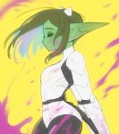  1girl armor black_pantyhose bodysuit closed_mouth colored_inner_hair colored_skin cowboy_shot female_goblin floating_hair from_side goblin green_skin long_pointy_ears multicolored_hair original pantyhose pointy_ears profile roxxxan runny_makeup solo tail yellow_background 