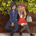  1boy 1girl bag black_footwear black_hair blonde_hair blue_jacket boots breasts calem_(pokemon) cup disposable_cup eyewear_on_headwear high-waist_skirt highres hiryoou jacket long_sleeves looking_at_another own_hands_together pleated_skirt pokemon pokemon_(game) pokemon_xy serena_(pokemon) shopping_bag sitting skirt smile sunglasses thighhighs 