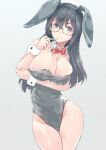  1girl alternate_breast_size animal_ears arm_under_breasts bangs black_hair black_leotard blue_eyes bow bowtie breasts cleavage commentary_request detached_collar fake_animal_ears glasses hair_between_eyes holding holding_pen kantai_collection large_breasts leotard long_hair looking_at_viewer ooyodo_(kancolle) pen playboy_bunny rabbit_ears red_bow red_bowtie simple_background smile solo strapless strapless_leotard tomamatto wrist_cuffs 