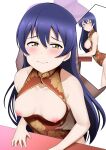  1boy 1girl absurdres bangs blue_hair blush breasts china_dress chinese_clothes clothed_female_nude_male clothed_sex dress hetero highres implied_sex limelam06 long_hair looking_at_viewer love_live! love_live!_school_idol_festival multiple_views nipples nude small_breasts solo_focus sonoda_umi straight_hair torso_grab wavy_mouth yellow_eyes 