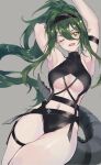  1girl ;d alternate_costume arknights arm_strap armpits arms_up black_one-piece_swimsuit blush breasts cleavage commentary crocodilian_tail fang feet_out_of_frame gavial_(arknights) green_hair grey_background hair_between_eyes highres long_hair looking_at_viewer medium_breasts midriff navel one-piece_swimsuit one_eye_closed open_mouth pointy_ears ponytail sidelocks simple_background smile solo swimsuit tail tamako_(tmc_dr) thigh_pouch thigh_strap thighs underboob visor_cap yellow_eyes 